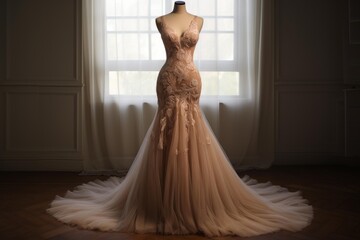 Mermaid wedding gown with lace details and tulle skirt on display mannequin