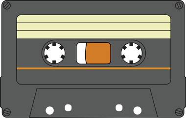 Naklejka premium Detailed vector graphic of a classic grey analog cassette tape with orange and white accents, representing 1980s retro music culture, vintage audio recording, and nostalgic electronic media.