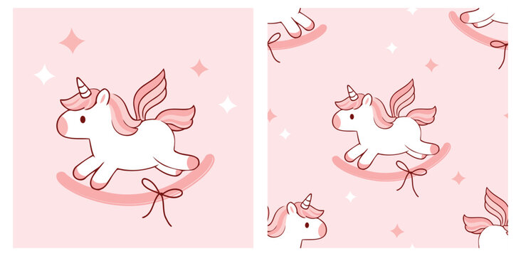 Cute unicorn rocking toy illustration with wings and bow details in soft pink pastel tones, designed as a seamless pattern and character artwork for children&rsquo;s products, fabric, and playful decorative