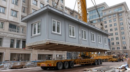 A prefabricated modular room unit being craned into place on a multi-story building