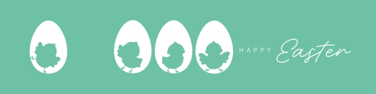 Easter chick silhouettes in white eggs on blue background, spring chicken vector banner with copy space