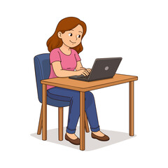 Young Woman Working on Laptop at Desk Cartoon Illustration for Remote Work, Online Learning, Office Productivity and Digital Lifestyle Design