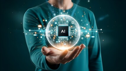 Man holding ai technology in his hand with glowing digital elements
