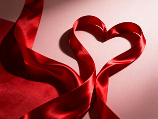A red satin ribbon bow decorates a silk heart gift box on a red background, creating a romantic symbol for a Valentine celebration or anniversary holiday card design