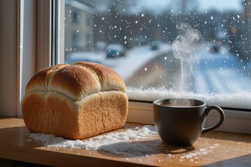 Warm bread loaf and steaming cup by the snowy window on a winter morning while snow falls outside