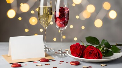 Romantic valentine s day setup with champagne roses and confetti