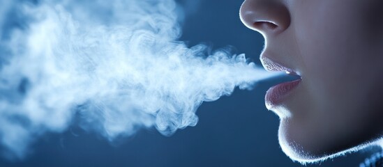 Person exhaling vapor, dark background, health risk