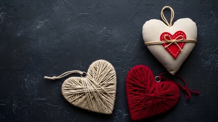 Three heart shaped objects on dark background