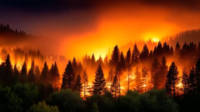 A massive forest wildfire spreads across a dense woodland landscape, engulfing tall trees in intense flames. The scene is captured from a distance with a wide panoramic framing, sh