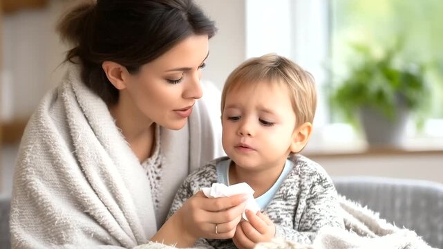 A mother gently helps her sick toddler blow his nose. The child sits on her lap, leaning slightly forward as she holds a soft tissue against his nose. His small cheeks puff slightl