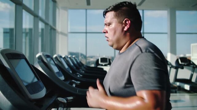 Fat man doing cardio on a treadmill at the gym to lose weight and improve overall fitness.