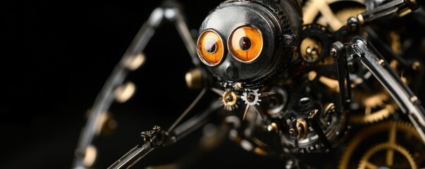 Fototapeta premium Steampunk spider robot close-up, dark background, gears visible. Sci-fi art