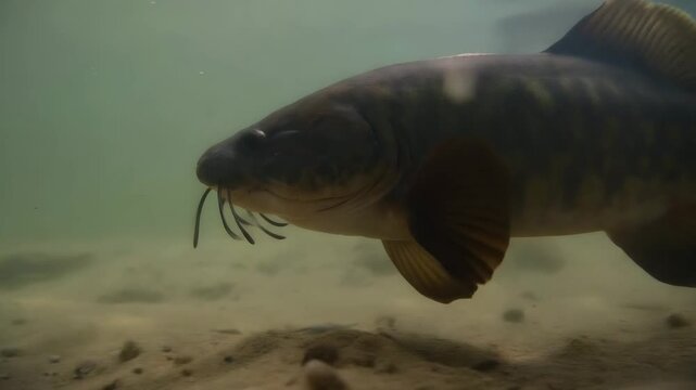 Tench fish swimming underwater near the sandy bottom of a lake. Close-up of a large Tinca tinca moving through murky freshwater. Freshwater angling and wildlife concept