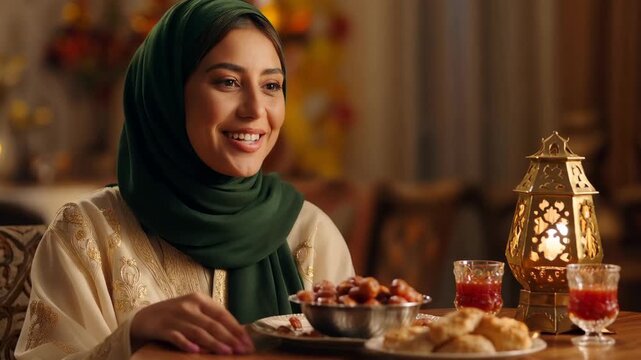 Young Muslim woman in green hijab sitting at Iftar table. Smiling female breaking fast with dates and traditional lantern. Ramadan celebration concept