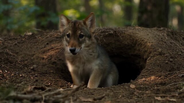 Young wolf pup emerging from a den in the forest. Cute gray wolf cub coming out of a hole in the ground. Wildlife nature concept