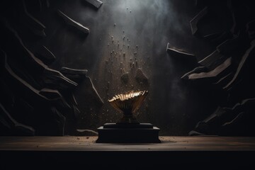 Sacred golden chalice standing on a pedestal illuminated by a beam of light