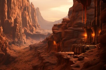 Alien canyon landscape features monumental fortresses with glowing molten elements