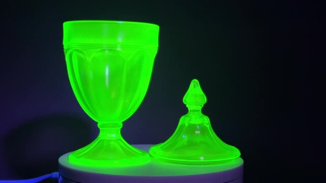 A glowing uranium glass candy dish spinning slowly under a black light 