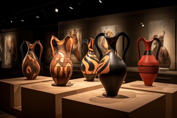 Historical pottery amphorae showcasing ancient art with intricate patterns in a dimly lit museum