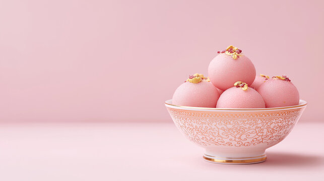 Indian desserts such as gulab jamun or rasmalai styled in a pastel lifestyle aesthetic, porcelain tableware, soft diffused light, powder pink background
