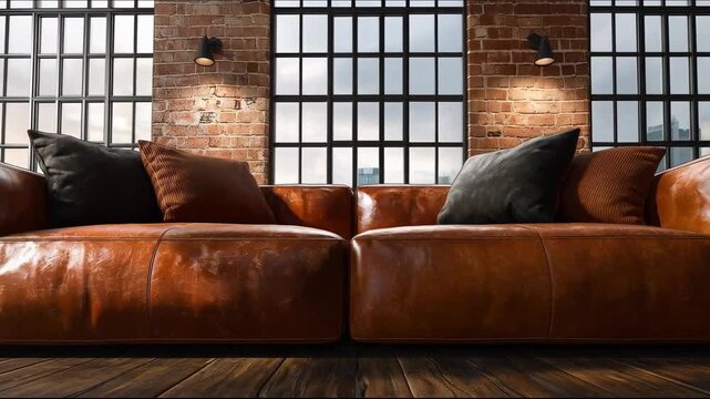 Industrial loft living room with brown leather sofa, brick walls and large windows with city view zooming in to extreme close up of leather texture details