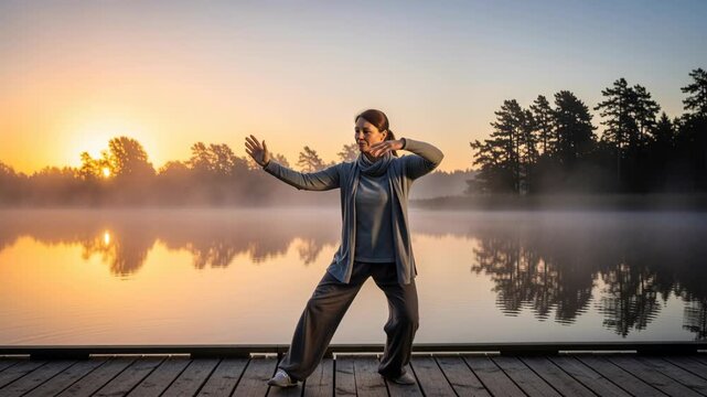 Graceful tai chi movements at sunrise by a misty lakeside for morning meditation guide