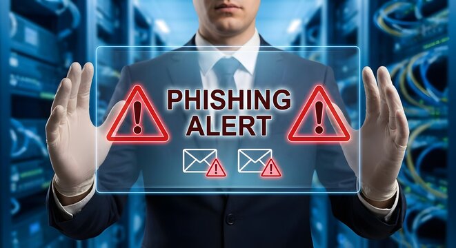 Cybersecurity professional presenting phishing alert warning with digital interface and server room background. - Powered by Adobe