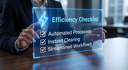 Business professional interacting with a glowing efficiency checklist interface for process optimization and success.