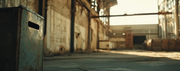 Rusty bin in abandoned factory; sunlit decay; urban exploration