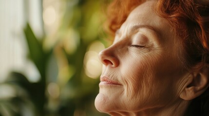 Relaxed redhead woman, eyes closed, indoor, plants blurred background, serenity