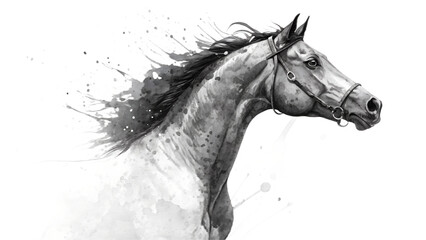 Black and white watercolor illustration of a horse head with expressive brushstrokes and ink splashes © CrownedCanvas