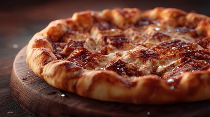 A round pizza with melted cheese and a golden crust is placed on a rustic wooden board. It is freshly baked and ready to be enjoyed at dinner time.