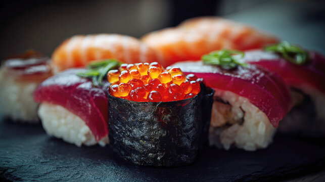 Gourmet sushi platter featuring fresh salmon nigiri tuna rolls and gunkan maki with red salmon roe caviar served on a dark slate board for traditional japanese cuisine and fine dining advertisement - Powered by Adobe