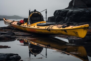 Yellow touring kayak grounded on dark rocks with calm water and a dull sky