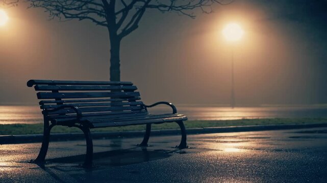 A tranquil nighttime scene showcasing an empty park bench under the soft glow of a street lamp. the surroundings are enveloped in fog, creating a serene and mysterious ambiance. the silhouette of a ba