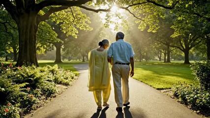 Couple walks together on pathway through park. Sunlight shines through trees, creating warm atmosphere. Concept of companionship, outdoor activities, wellness