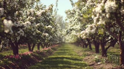 Blossom tunnel: A serene orchard path framed by flowering trees in full bloom. Sunlight filters through the canopy, casting gentle shadows on the lush green grass below.