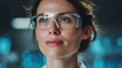 A scientist is focused in a laboratory setting. She wears safety goggles and a lab coat. Various scientific tools and equipment are present around her.