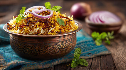 Aromatic rice dish presented in a decorative copper bowl, garnished with onion rings and fresh mint, evokes a sense of culinary artistry and cultural richness. This flavorful creation.