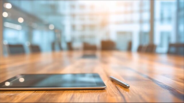 Close up of digital tablet and stylus pen on wooden conference table in modern office meeting room with blurred background