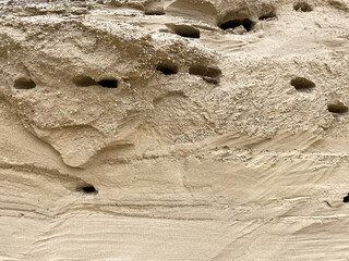 sand wall with erosion holes and sediment layers