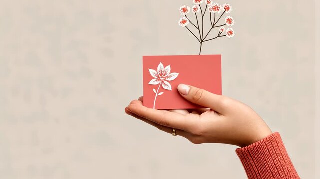 Delicate handmade gift blossom: hands reveal flower card in captivating motion
