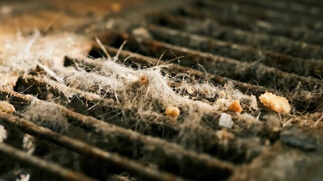Dust and debris build up in heating vent on wooden floor. Granules and fibers visible in air duct. Concept of home cleaning, indoor air quality, maintenance services