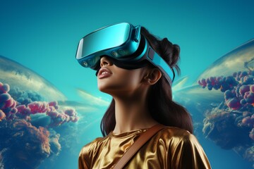 Woman experiencing virtual reality metaverse, seeing digital abstract landscape