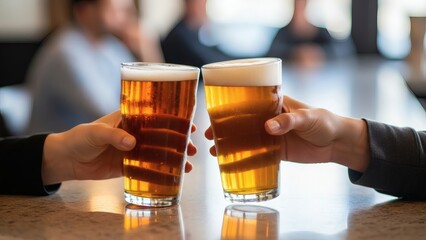 Hands clinking glasses of beer in a social gathering for National Mocktail Week