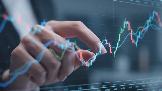 Businessman analyzing financial stock market data on a digital screen