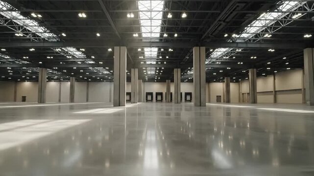 Expansive industrial hall interior with geometric light patterns on the polished floor