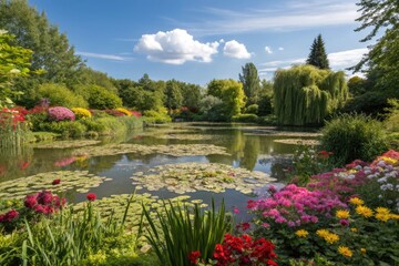 Colorful Flowers and Green Trees Around a Pond in a Garden During a Sunny Day