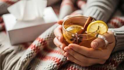 Cozy hands holding warm tea with lemon and cinnamon for cold relief for National Hot Toddy Day