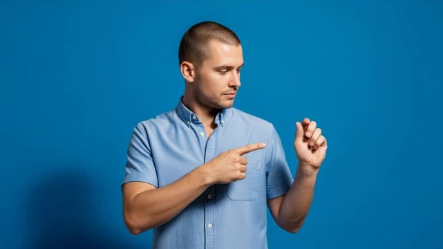 Man demonstrating counting techniques on fingers against blue background